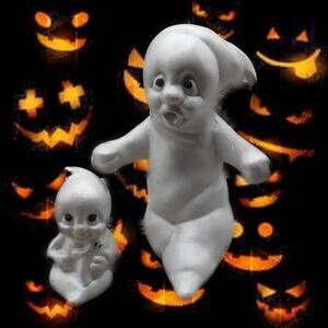 Vintage Halloween Ceramic Ghost Pair Baby Ghost & Sitting Ghost Spirits